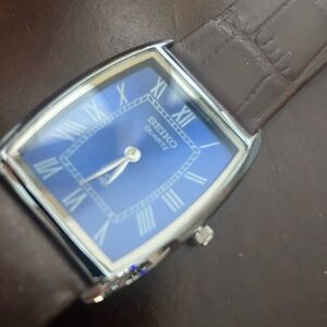 Seiko Blue 33mm Slim Tonneau Barrel Tank Dial with Brown Leather Strap Watch